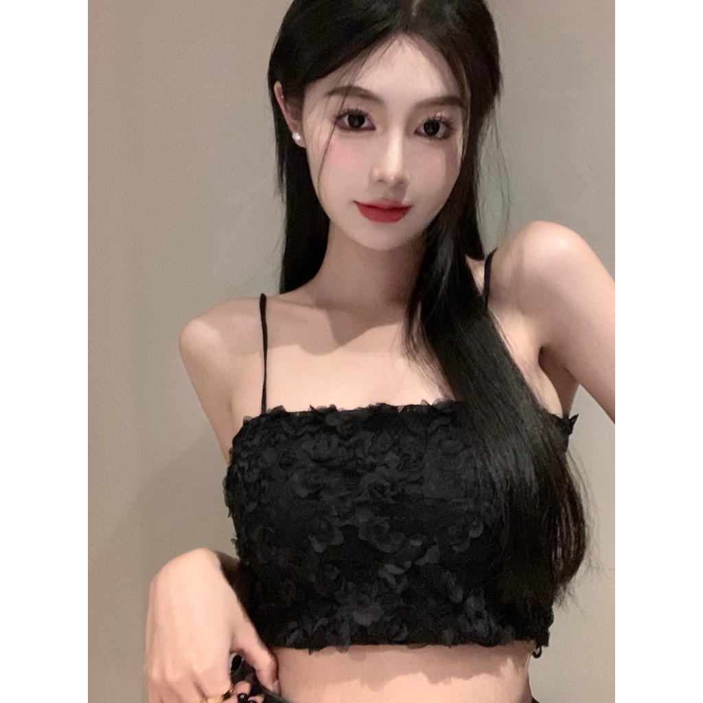 áo 2 dây có mút ngực áo hai dây croptop Ngắn Họa Tiết Hoa Ba Chiều Phong Cách Pháp Dễ Phối Đồ Thời Trang Cho Nữ