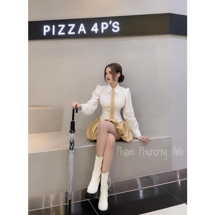[Aimee Clothing] Set áo sơ mi vạt nhọn kết hợp chân váy xếp bí xoè