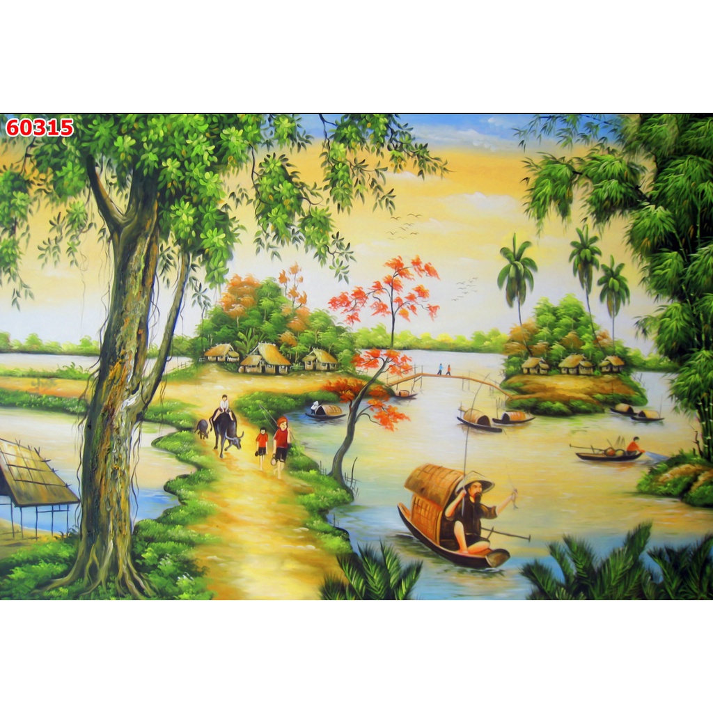 Tranh Làng Quê Việt Nam Thời Xa Xưa nhiều kích thước, làm theo yêu cầu, không giời hạn kích thước
