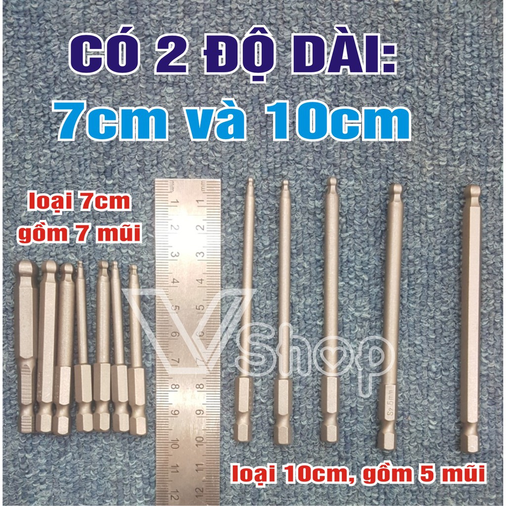 Bộ mũi mở vít, đầu lục giác, dạng đầu bi. Dài 7cm và 10cm. đuôi 6,3mm, dùng với máy bắn vít, máy khoan cầm tay