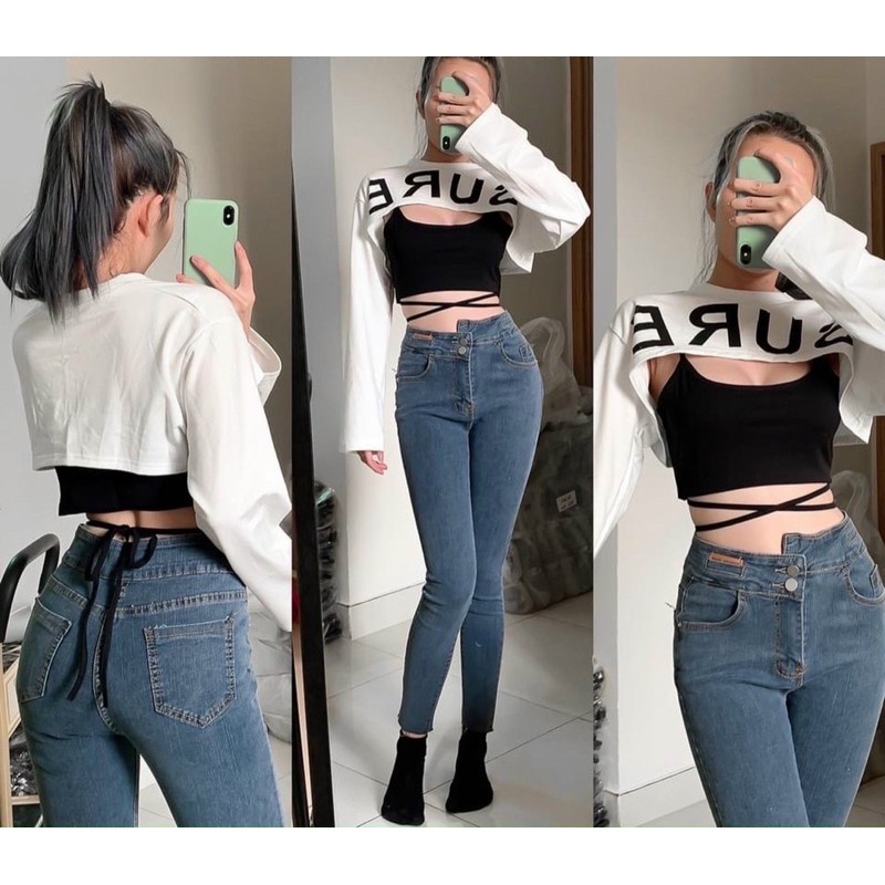 SÉT ÁO DÂY CROPTOP CHÉO BỤNG KÈM ÁO NGOÀI CỰC HOT