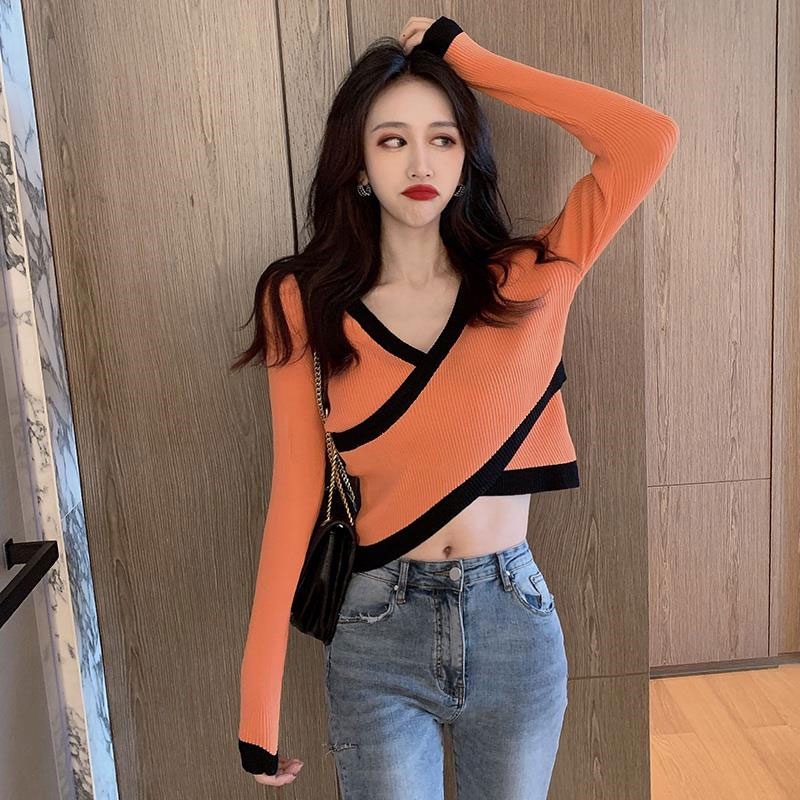 Áo Dệt Kim Tay Dài Cổ Chữ V Lưng Cao Thời Trang Hàn Quốc Cho Nữ