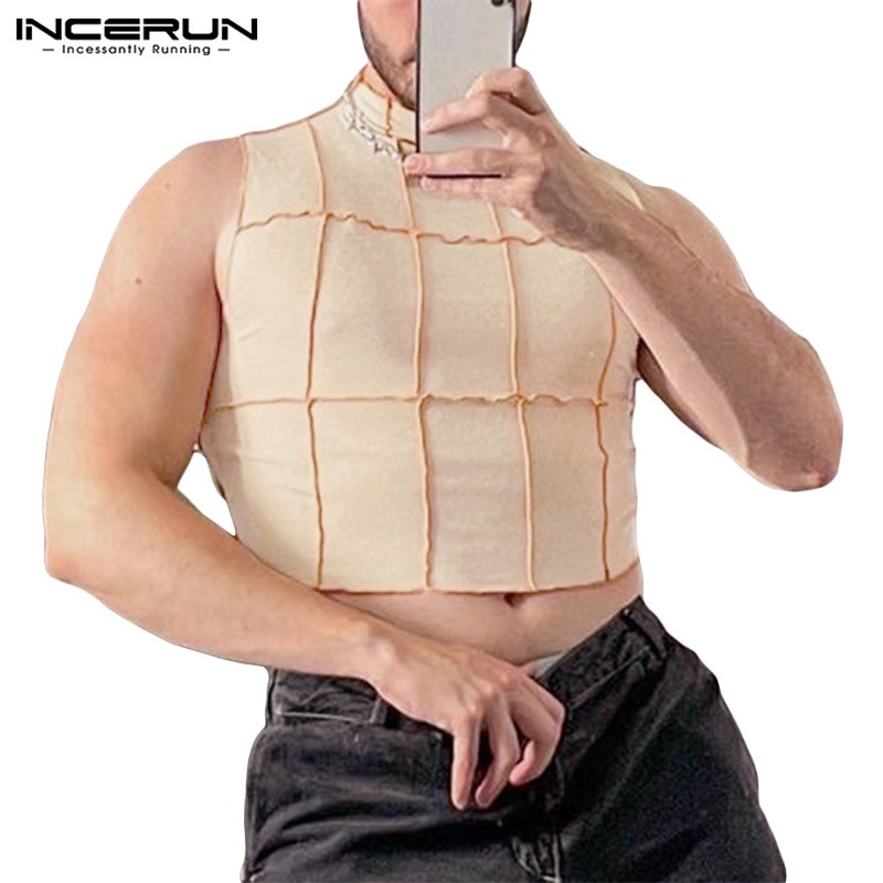 Áo không tay INCERUN thời trang nam phong cách vintage cổ tròn ôm dáng in hoa văn caro