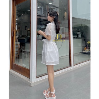 ĐẦM CỔ TRÒN THẮT EO CHÉO NƠ HOA BEO