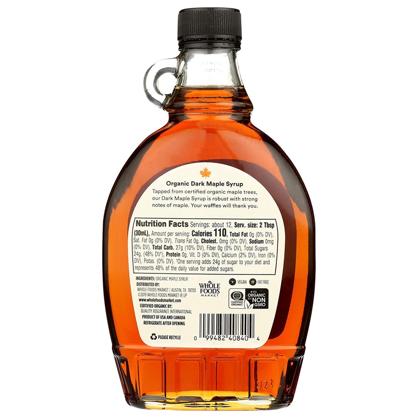SI-RÔ LÁ PHONG HỮU CƠ LOẠI A - ĂN KIÊNG KOSHER 365 by Whole Foods Market, Maple Syrup Grade A Organic, 355ml (12oz)