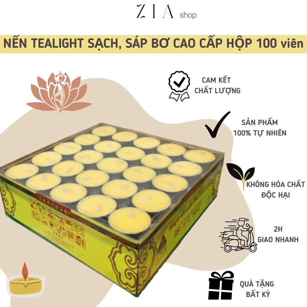 NẾN TEALIGHT SẠCH, SÁP BƠ CAO CẤP HỘP 100 VIÊN KHÔNG KHÓI, KHÔNG HÓA CHẤT ĐỘC HẠI, MÙI THƠM DỊU NHẸ, DỂ CHỊU