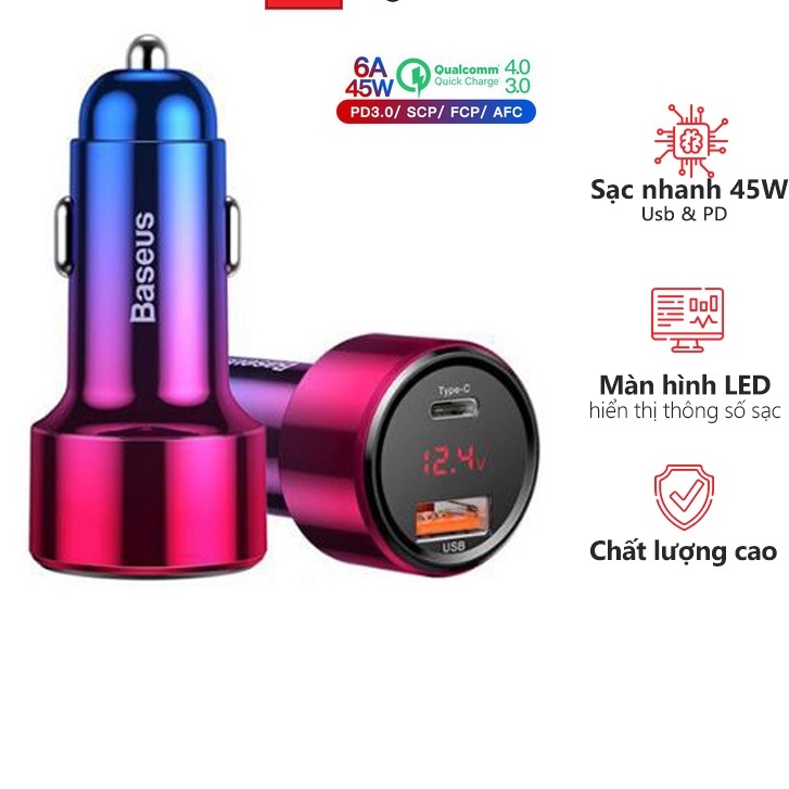 CHÍNH HÃNG Tẩu Sạc ô tô 45W Baseus xe hơi xe máy 2 cổng sạc Type C và USB PD QC 4.0 3.0 tích hợp màn hình LED CCMLC20C
