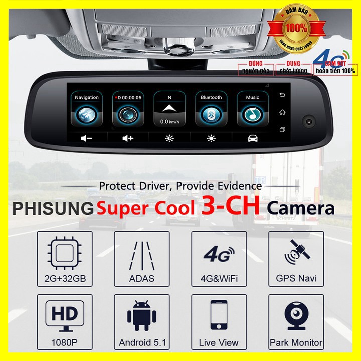 Camera hành trình cao cấp Phisung tích hợp 3 camera, 4G, Android, Wifi E09-3 - Bảo hành 12 tháng
