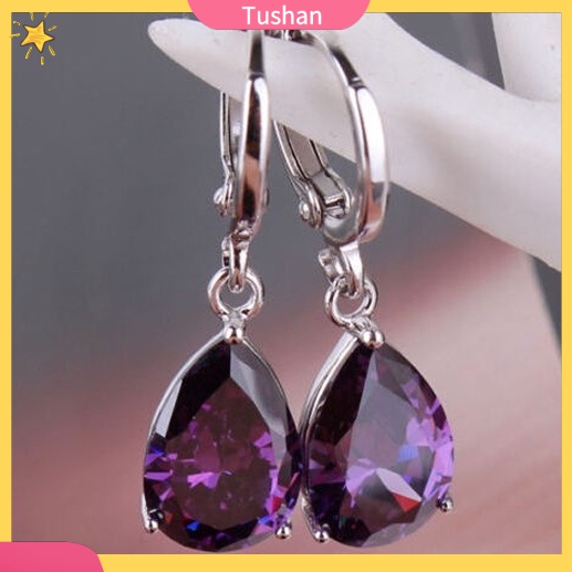 Khuyên tai nữ hình giọt nước đính đá tím sang trọng