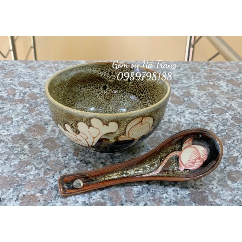 Set bát cơm và thìa cơm gốm sứ Bát Tràng cao cấp không chì men hoả biến gấm khắc sen chìm