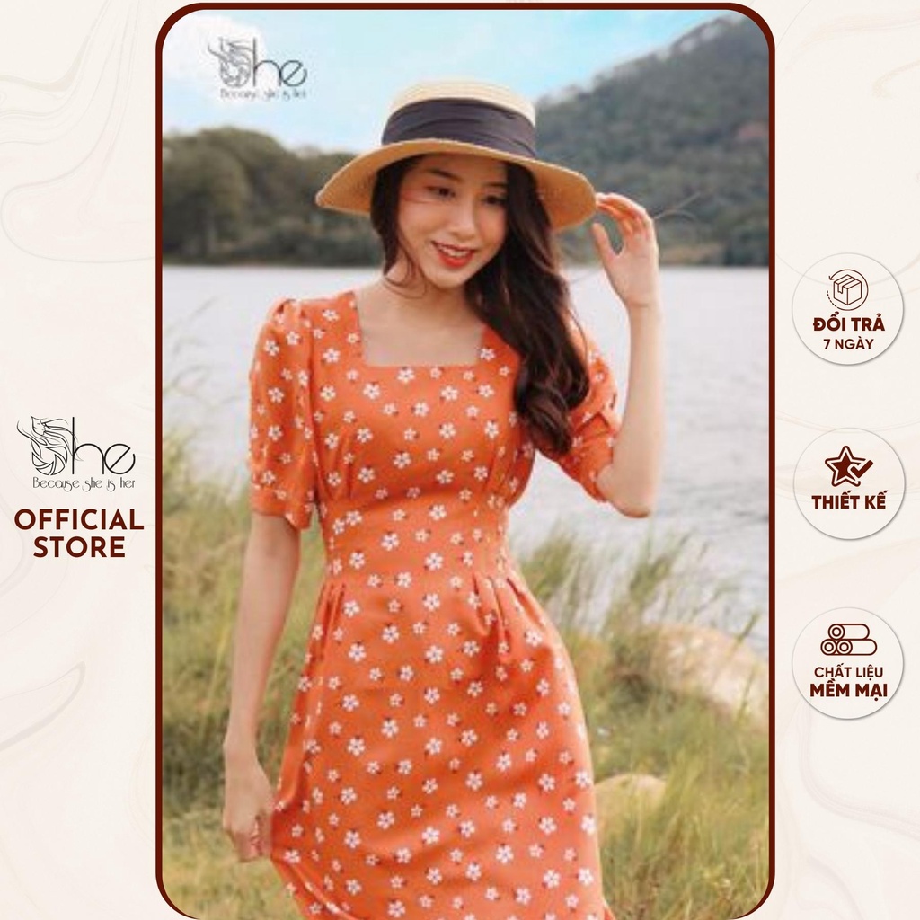 Váy cổ vuông thiết kế She, đầm nữ xếp li midi bánh bèo tiểu thư SDX97