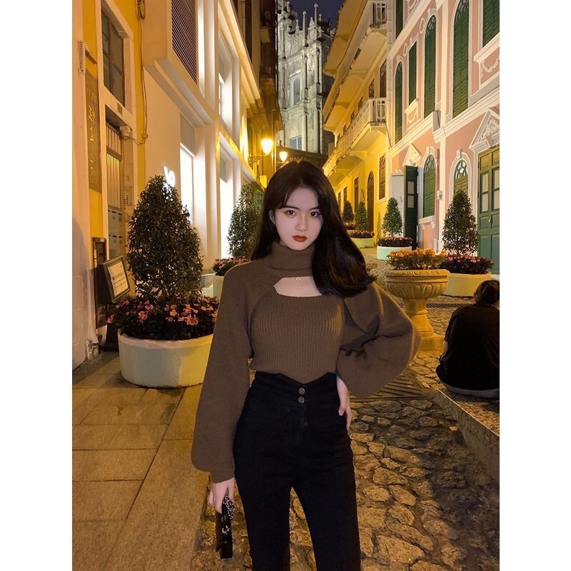 Áo Len Cổ Lọ Khoét Ngực Sexy; Set Áo Kiểu Kèm Áo Len Ba Lỗ Sang Chảnh; Chất Len Tăm Siêu Chất