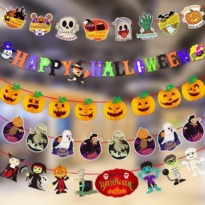 Dây Cờ Treo Trang Trí Halloween Bằng Giấy Họa Tiết Đầu Lâu Phù Thủy Sáng Tạo Dành Cho Trẻ Em