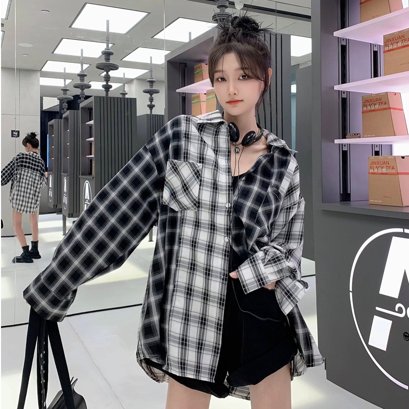 SUXI Áo Khoác Sơ Mi Chống Nắng Dáng Rộng Kẻ Sọc Ca Rô Trắng Đen Kiểu Retro Thời Trang Mùa Thu Cho Nữ