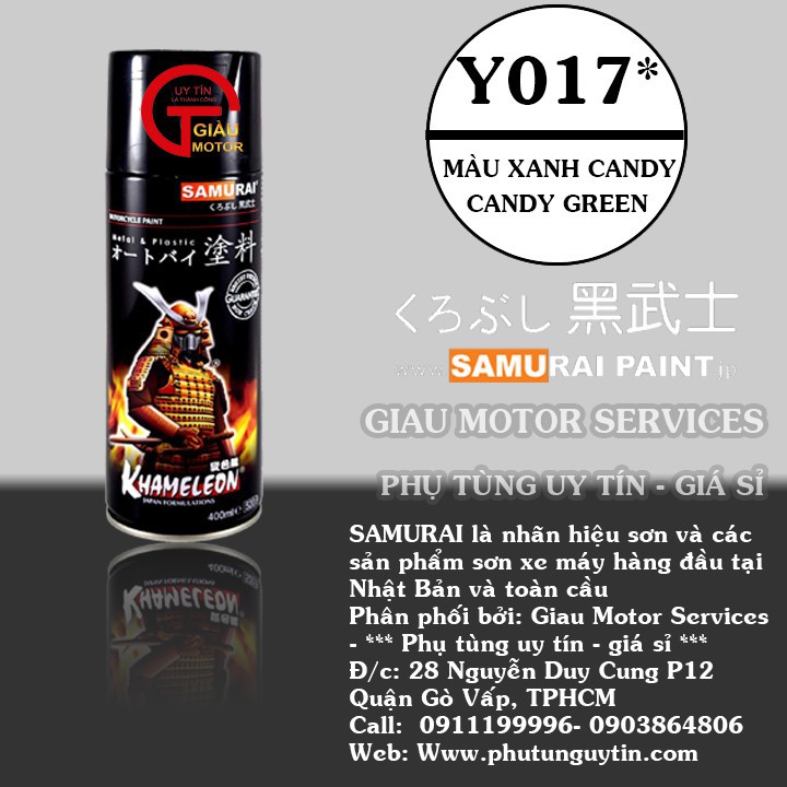 Y017 _ Sơn xit Samurai Y017 _Candy Yellow_ màu xanh kẹo Yamaha _ Tốt, giá rẻ.