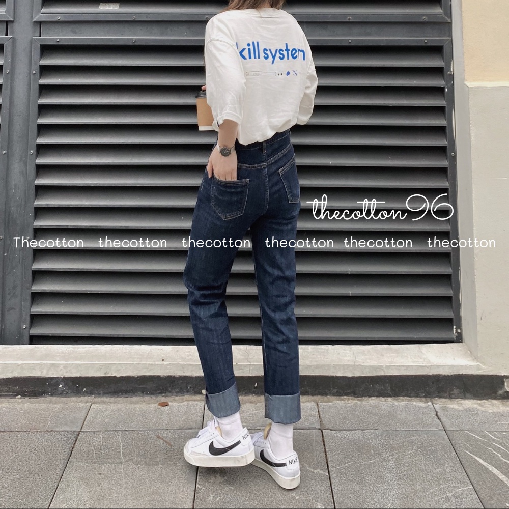 Quần bò nữ ống đứng lưng cao hàn quốc gấu lật hai màu quần jeans co giãn ullzang TheCotton