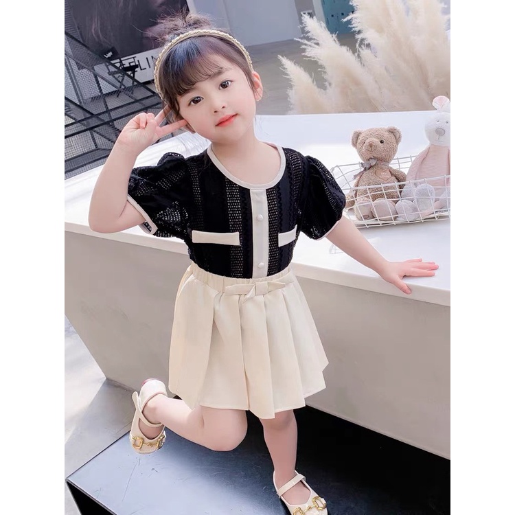 Đồ bộ bé gái, Set áo chui đầu ngắn tay đũi sọc tay bồng cúc ngọc và chân váy A xếp ly kaki xịn sò (có quần), SUN KID'S