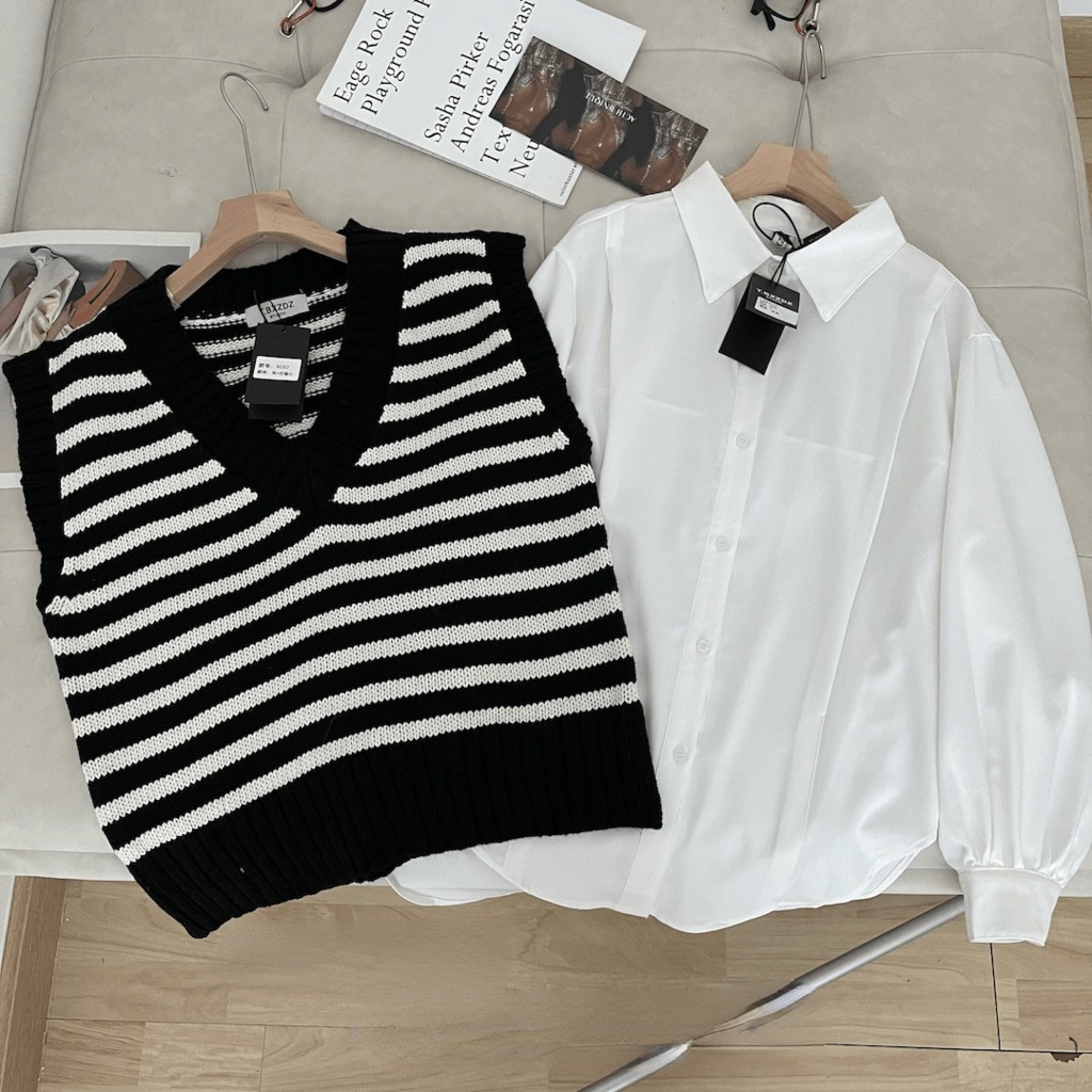 Áo len không tay dáng rộng họa tiết kẻ sọc thời trang retro Hàn Quốc trẻ trung