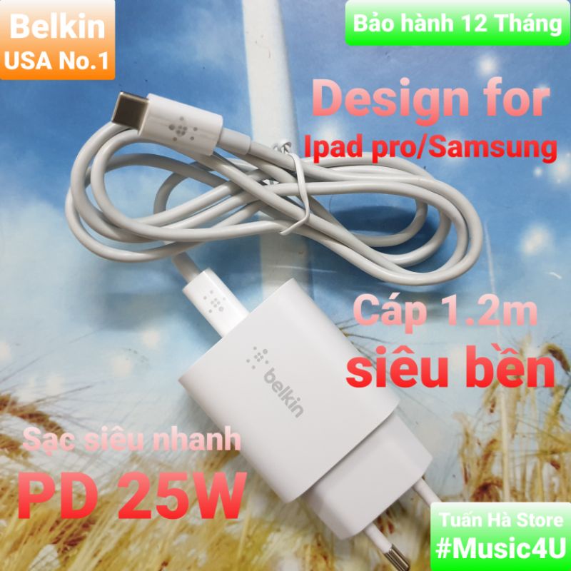 Củ dây cáp sạc nhanh USB Type C ra to Light Type C Belkin PD 25W cho IP 11 12 13 Pro Max Samsung S21 Tuấn Hà Store