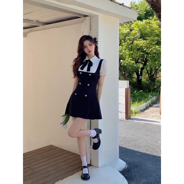 Váy sơ mi phối màu đen trắng cổ polo ngắn tay chiết eo