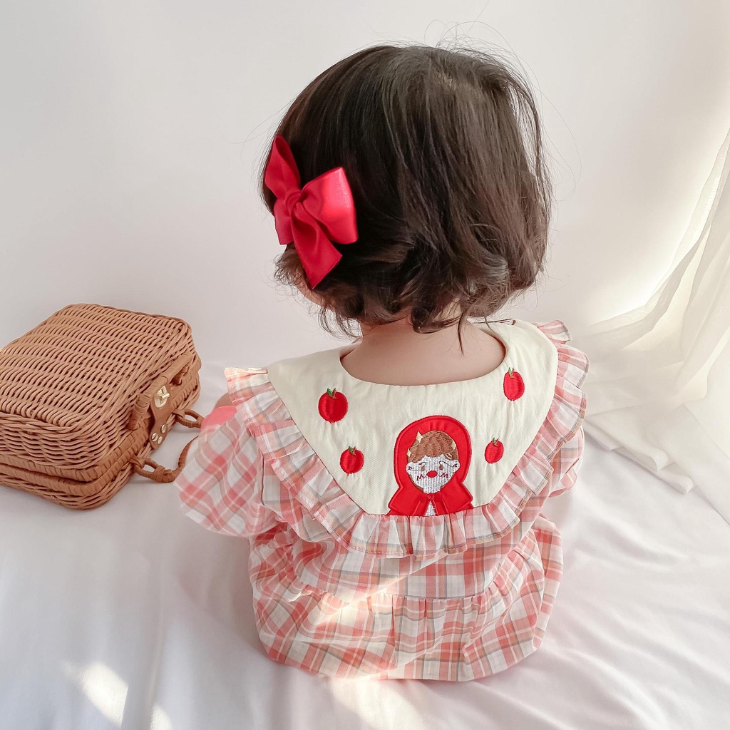Áo Liền Quần Tay Dài Cổ Búp Bê Họa Tiết Caro Dễ Thương Cho Bé Gái Sơ Sinh 0-18 Tháng Tuổi