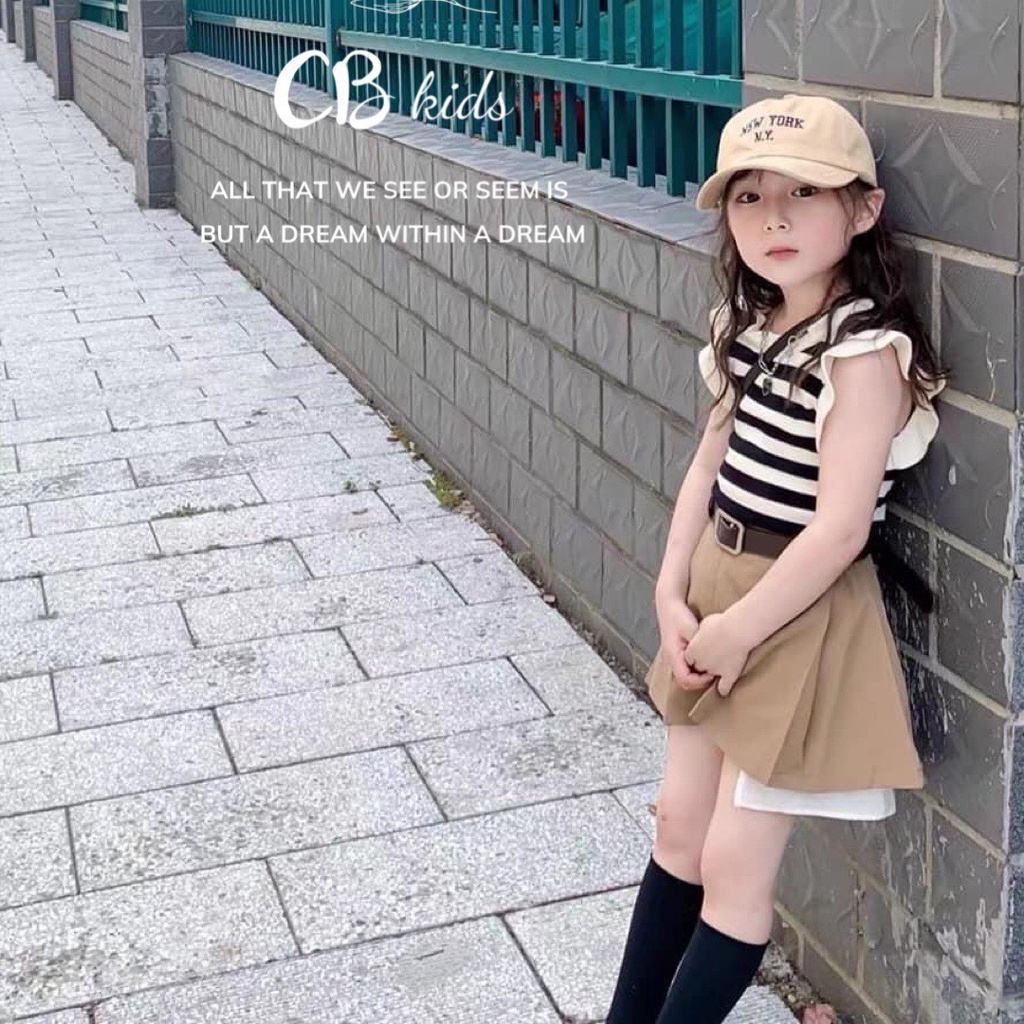 Sét áo ba lỗ kèm quần short bé gái, set áo len Mongtigo kẻ phối quần kaki chéo kèm dây lưng cho bé