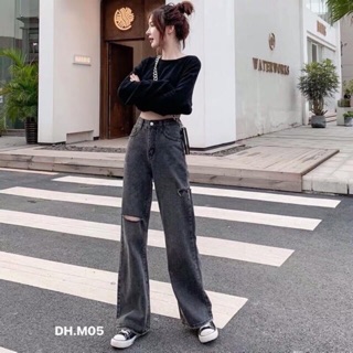 Quần bò ống rộng có size rách 2 bên cá tính dáng dài màu xám khói