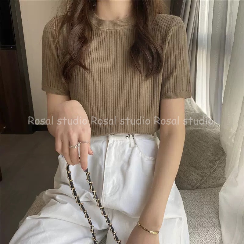 [Ảnh thật] Áo len gân cổ tròn ngắn tay bảng màu siêu xinh chất đẹp | BigBuy360 - bigbuy360.vn