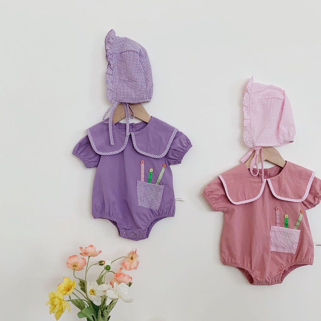Bộ Áo Liền Quần Cổ Búp Bê + Mũ Sọc Ca Rô Dễ Thương Cho Bé Gái Sơ Sinh