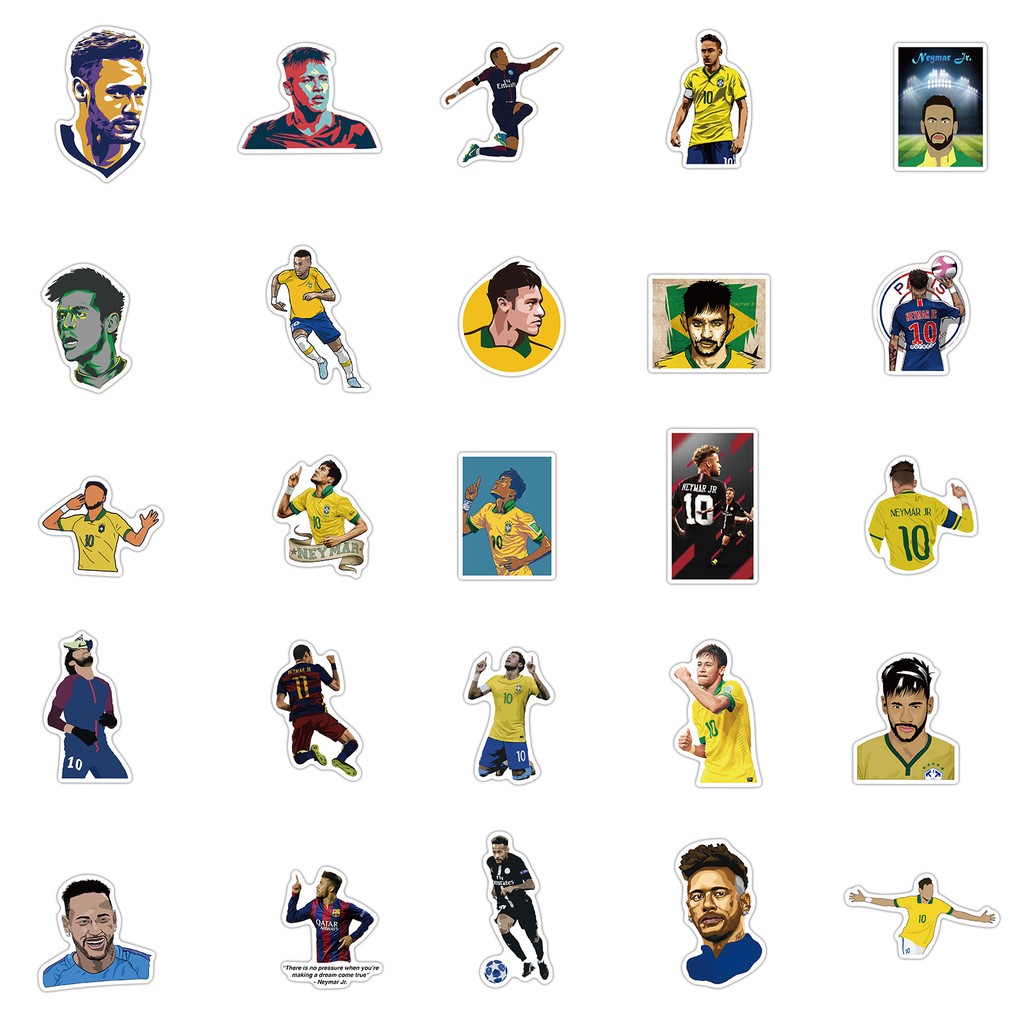 Sticker Cầu Thủ Bóng Đá Neymar 50 Hình Decal Cắt Sẵn Dán Điện Thoại Laptop Sổ Xe Tường Mũ Bảo Hiểm Bình Nước Vali