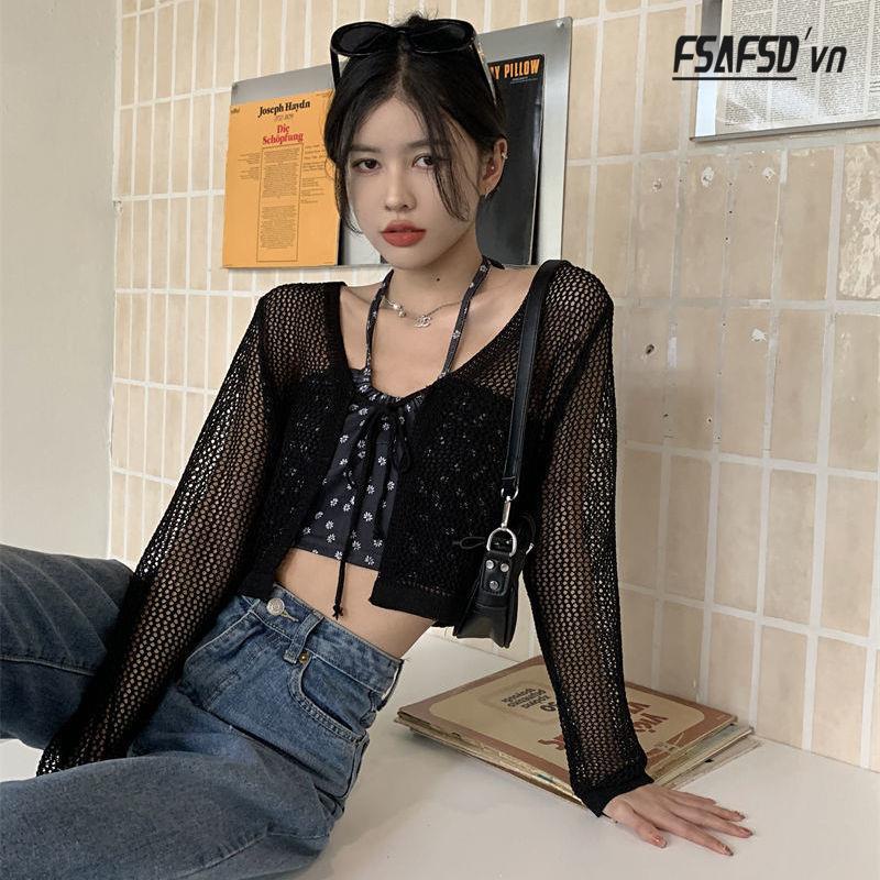 Áo Cardigan Dệt Kim Tay Dài Cổ Chữ v Thiết Kế Thoáng Khí Thời Trang Mùa Hè Xinh Xắn Cho Nữ