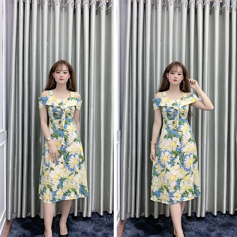 Đầm Nữ Dự Tiệc, Váy Nữ Hoa Cúc Trễ Vai, Váy Hoa Nhí Sang Chảnh V04