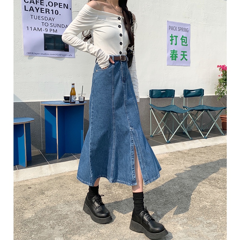 Chân váy jean kiểu dáng đuôi cá lưng cao thời trang cho nữ 45218