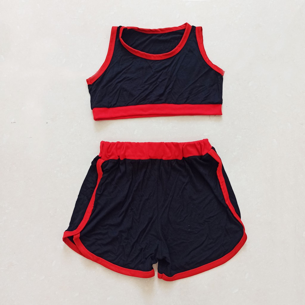 Thanh lý set áo croptop quần đùi vải thun cotton co giãn tập thể dục