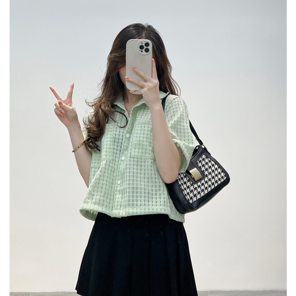 XẢ HÀNG Áo sơ mi croptop cộc tay ren thời trang Miho house
