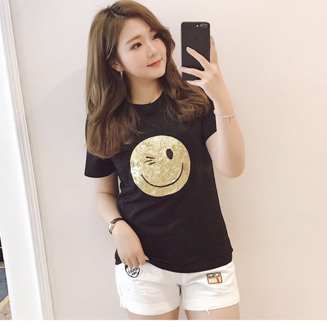 Áo thun tay ngắn màu đen hình mặt cười kim sa size lớn cho người béo mập xl 60-65kg