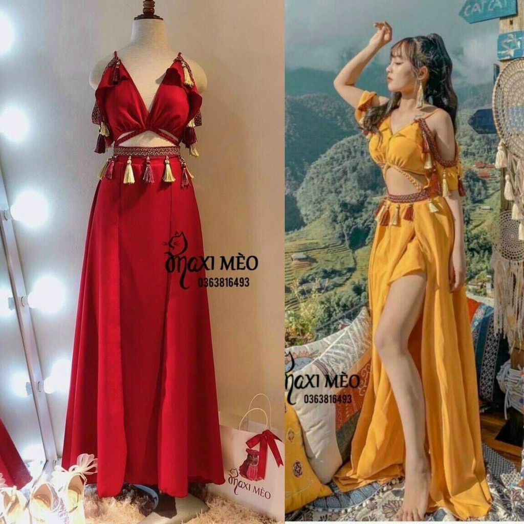 Đầm maxi thổ cẩm boho váy xẻ tà sexy trễ vai tua rua