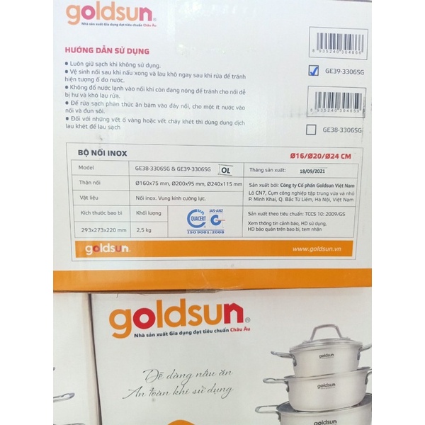 [HCM] Bộ 3 Nồi 3 Đáy Goldsun GE39-3306SG - Hàng Chính Hãng