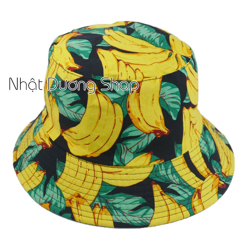 Nón tai bèo, mũ bucket đi chơi, đi biển hoạ tiết trái cây, chất liệu Cotton tạo nên sự mát mẻ và thoáng mát
