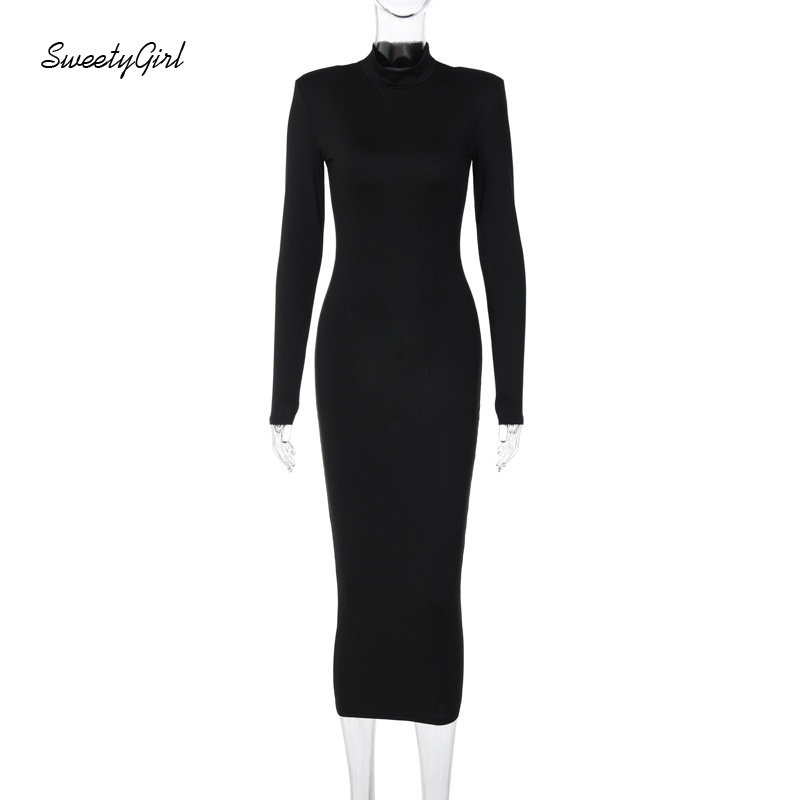 Đầm Maxi Tay Dài Cổ Cao Màu Trơn Dáng Ôm Thời Trang 2022 Quyến Rũ Cho Nữ