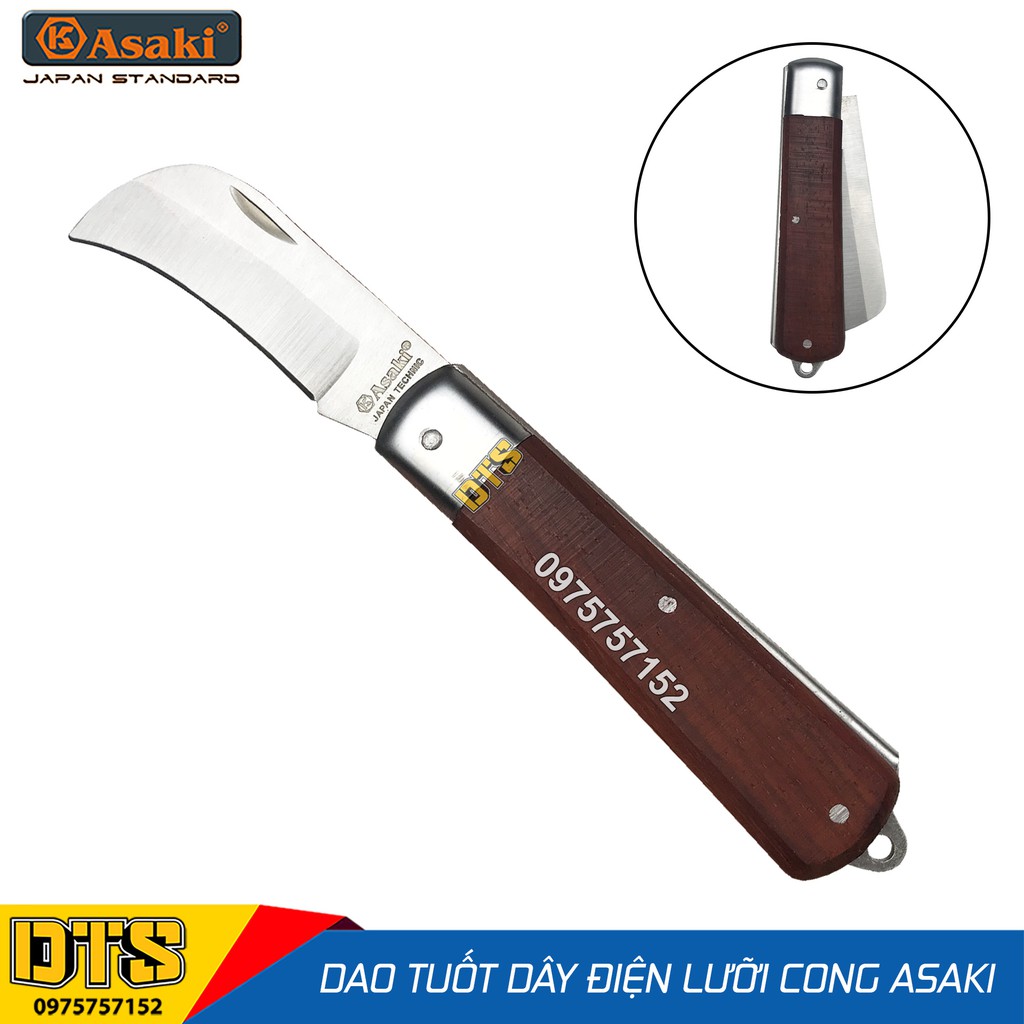 Dao tuốt dây điện lưỡi cong Asaki AK-8601, dao rọc cáp, gọt vỏ dây điện, thép không gỉ, cán dao ốp gỗ đỏ