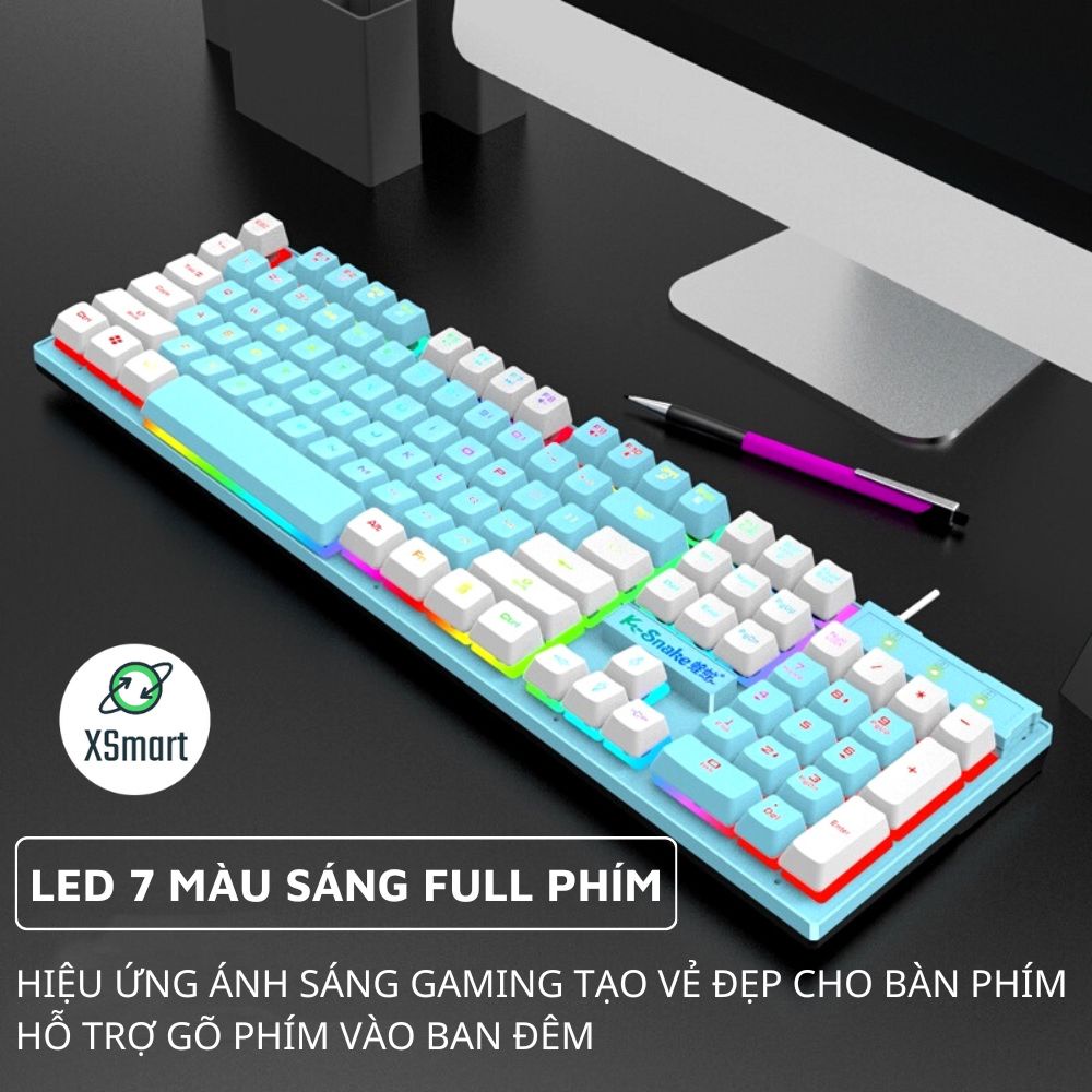 Bàn Phím Gaming K-Snake4 Led 7 Màu Cực Chất, Gõ Êm, Full Size 104 Phím Tương Thích Với Mọi Dòng Máy Tính, Laptop, PC