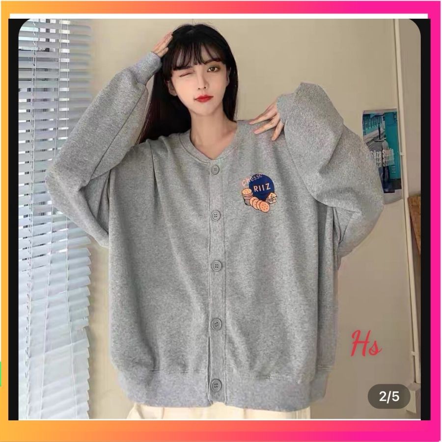 Áo Khoác Ngoài Cardigan Dài Tay Nữ Dáng Rộng Nỉ RZ Cúc Dài