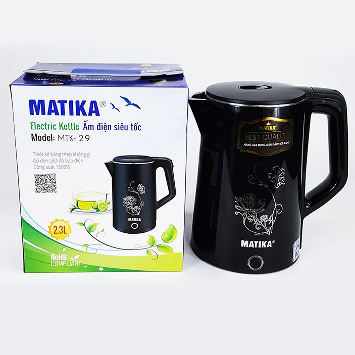 Ấm siêu tốc 2 lớp dung tích 2.3L Matika MTK-29 chống bỏng tay khi đang nấu, thích hợp gia đình có trẻ em