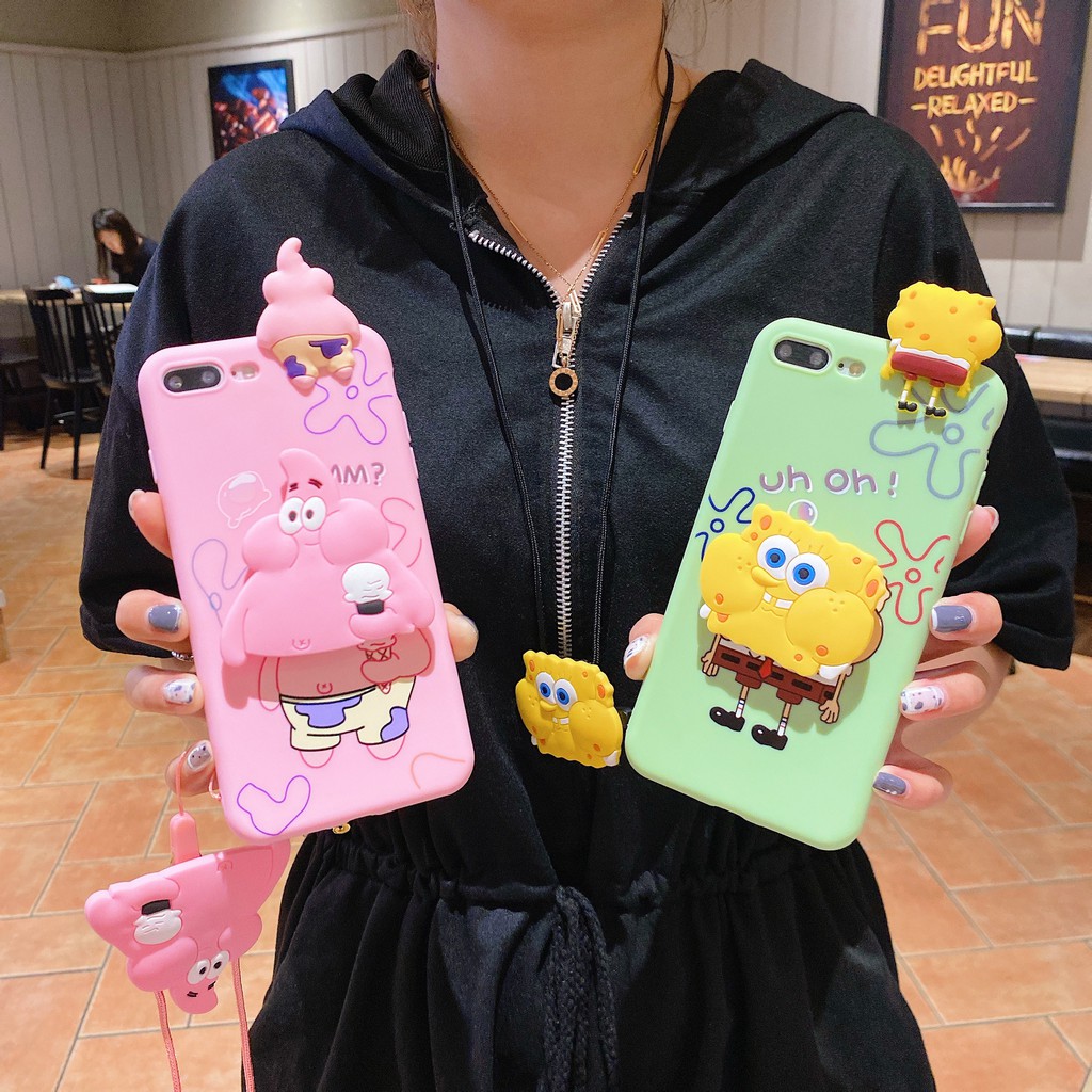 Ốp Lưng In Hình Spongebob + Giá Đỡ + Dây Đeo Cho Oppo Realme C2 A1K C11 C12 C15 7 17 7i 5 5i 5s Reno3 F1Plus R9Plus R9S F3Plus R11 R11Plus R11S R11Splus R17 F11Pro F7