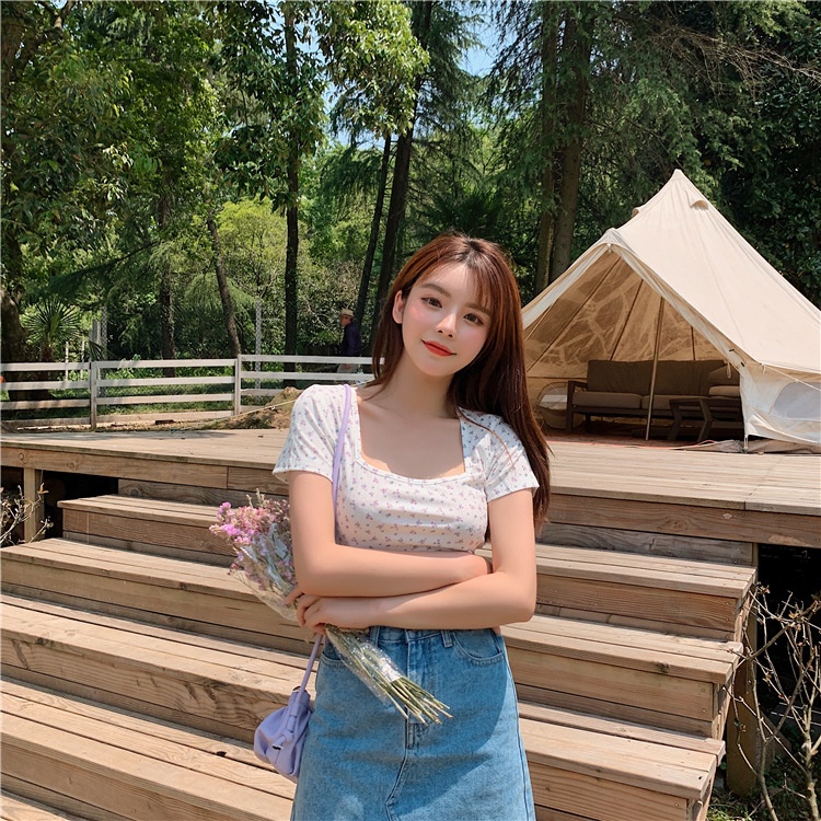 MS6714 Áo thun croptop hoa nhí cổ vuông, áo kiểu nữ