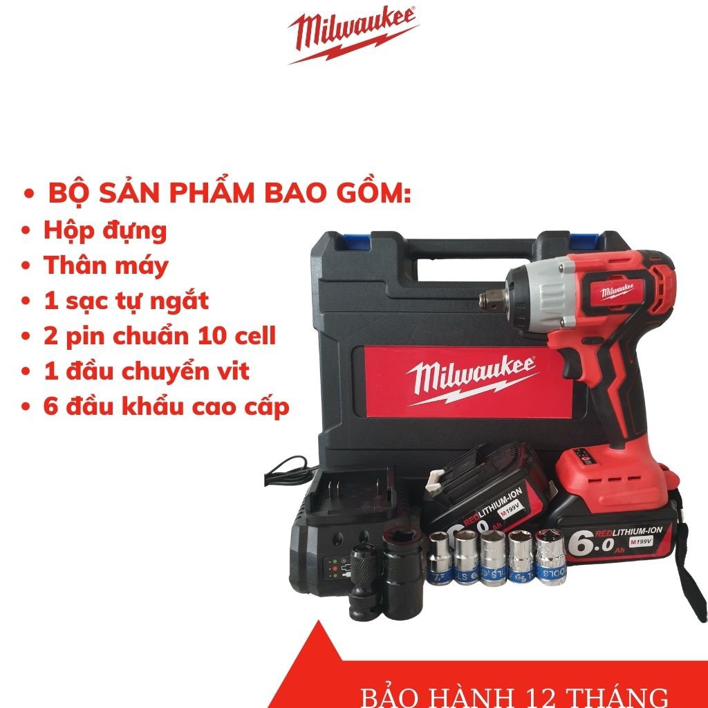 MÁY SIẾT BULONG 2 TRONG 1 MILWAUKEE M199V. SIẾT BULONG KHÔNG CHỔI THAN TẶNG KÈM 6 KHẨU VÀ ĐẦU CHUYỂN VÍT