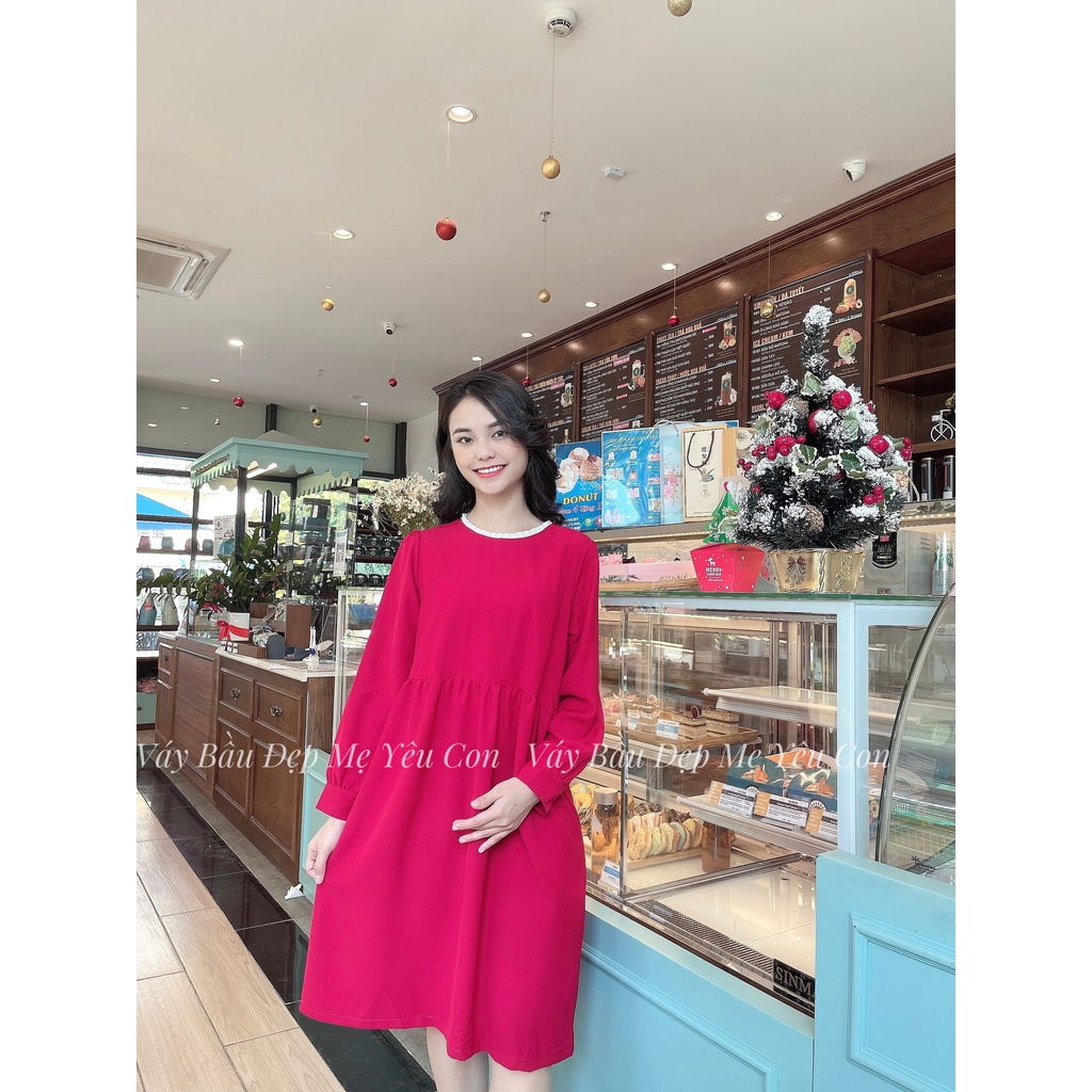 Đầm bầu công sở Váy bầu đẹp màu đỏ dài tay MYC 4M