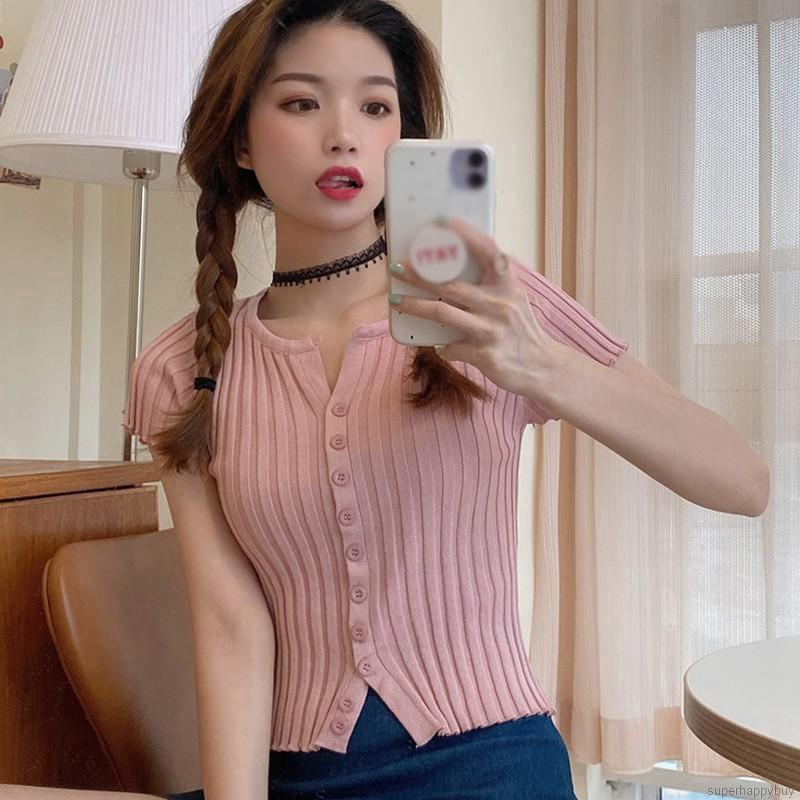 Áo Croptop Dệt Kim Tay Ngắn Màu Trơn Thiết Kế Đơn Giản Hợp Thời Trang