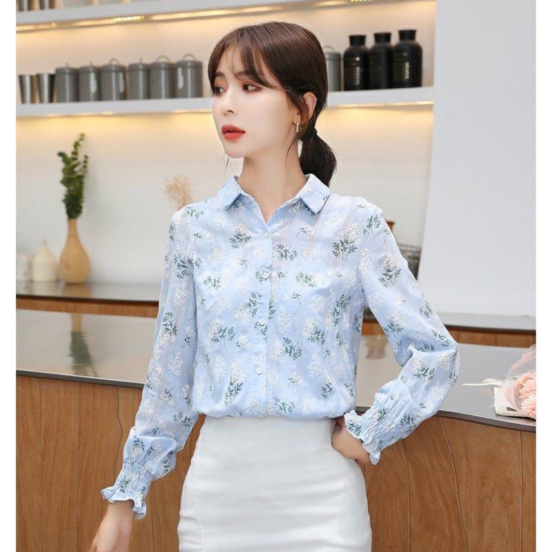 áo sơ mi nữ áo croptop áo sơ mi nữ áo sơ mi áo sơ mi tay ngắn Áo Sơ Mi Tay Dài Ống Loe Dáng Rộng In Họa Tiết Hoa Thời Trang Mùa Thu Hàn Quốc 2022